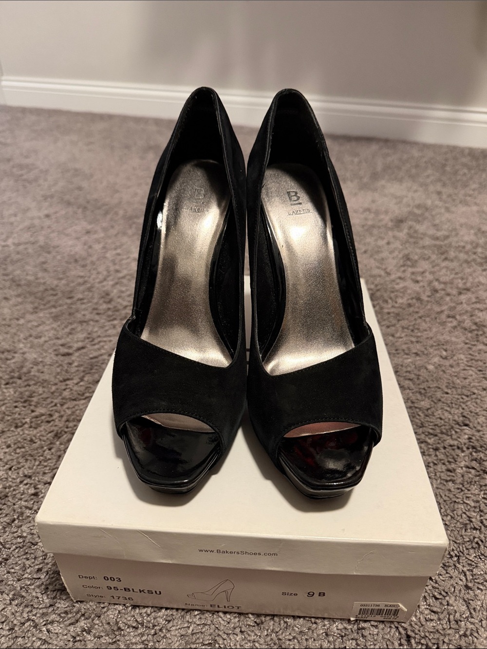 Bakers Black Suede & Patent Peep-Toe Heels